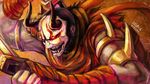  artist_name beancurd glowing glowing_eyes hannya horn katana league_of_legends male_focus mask ninja oni_mask scarf shen solo sword weapon 