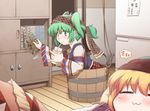  alternate_costume alternate_hairstyle blonde_hair blush bucket closed_eyes drinking drinking_straw futatsuki_hisame glass green_eyes green_hair in_bucket in_container juice kisume kurodani_yamame long_sleeves multiple_girls ponytail touhou tribal twintails wide_sleeves wooden_bucket 