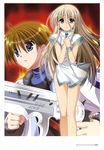  1girl :o absurdres blue_eyes blush bracelet brown_hair dress ec_divider_code-996 fur_trim gunblade hands_clasped higa_yukari highres jacket jewelry lily_strosek long_hair lyrical_nanoha mahou_senki_lyrical_nanoha_force official_art own_hands_together short_dress side_slit thoma_avenir weapon 