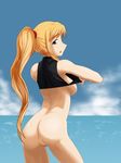  1girl artist_request ass blonde_hair blue_eyes blue_sky bottomless breasts cloud long_hair metroid nipples nude open_mouth ponytail pussy samus_aran shirt_lift sky solo uncensored water 