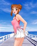  blush breasts brown_eyes brown_hair highres large_breasts miniskirt no_panties open_mouth original photo_background short_hair sketch skirt skirt_tug solo watch yui_toshiki 