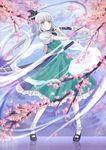  blue_eyes cherry_blossoms hair_ribbon highres hitodama konpaku_youmu konpaku_youmu_(ghost) li_luo puffy_sleeves ribbon short_hair short_sleeves silver_hair solo sword touhou weapon 