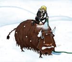  1boy bath bull duval hair_over_one_eye horns jacket male male_focus one_piece riding sabaody_archipelago snow solo water 