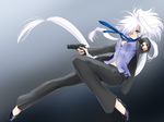  blue_eyes blush dual_wielding fang foreshortening formal full_body gradient gradient_background gun hair_over_one_eye handgun high_heels holding lavolpe_(yagisaka_seto) long_hair mob_strike navel necktie original pant_suit shoes silver_hair simple_background smile solo suit very_long_hair weapon yagisaka_seto 