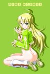  ahoge ass blonde_hair blush bottomless breasts character_name cropped_jacket cum fur_trim green_background green_eyes high_heels hoshii_miki idolmaster idolmaster_(classic) leg_warmers long_hair looking_at_viewer masamurai nipples pink_diamond_765 shirt_lift shoes small_breasts smile solo 