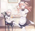  :d apron brown_hair chair cup drinking drinking_straw hair_ribbon holding itsuki_(s2_129) long_hair looking_at_viewer maid maid_headdress multiple_girls open_mouth original pantyhose purple_eyes red_eyes ribbon short_hair silver_hair sitting smile teacup waist_apron 