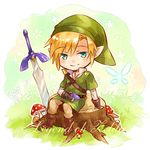  blonde_hair blue_eyes fairy gloves hat instrument kome_(kokomoti) link lowres mushroom navi ocarina pointy_ears sitting smile sword the_legend_of_zelda the_legend_of_zelda:_ocarina_of_time the_legend_of_zelda:_skyward_sword weapon 