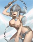  arm_up blue_eyes breasts cleavage flail helmet large_breasts league_of_legends open_mouth sejuani short_hair snow solo straddling weapon yulcat_(alszmtm) 