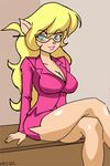  anthro big_breasts blonde_hair blue_eyes blush breasts callie_briggs cat cleavage clothed clothing crossed_legs cute eyewear feline female glasses hair looking_at_viewer mammal meegol smile suit swat_kats 