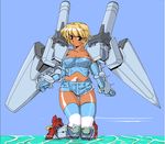  alternate_color blonde_hair chimney cruiser dark_skin gun mecha_musume military military_vehicle nanashi_(7th_exp) navel ocean original personification propeller red_eyes ship short_hair skindentation solo striped striped_legwear thighhighs warship water watercraft weapon 