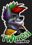 canine chibi-marrow colorized_hair green_eyes grey_background grin male piercing plain_background portrait solo twitch wolf 