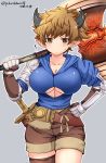  1girl akari_seisuke axe blue_background breasts brown_eyes brown_hair dated draph fighter_(granblue_fantasy) genderswap genderswap_(mtf) gran_(granblue_fantasy) granblue_fantasy hand_on_hip highres holding holding_axe holding_weapon horns large_breasts looking_at_viewer pointy_ears ponytail shorts simple_background sword thighs twitter_username underboob weapon 