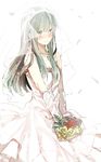  bad_id bad_pixiv_id blush bouquet bridal_veil cross cross_necklace dress elbow_gloves flower gloves green_eyes green_hair highres jewelry kagerou_project kido_tsubomi long_hair mekakushi_code_(vocaloid) mitsu_yomogi necklace petals rose smile solo veil vocaloid wedding_dress 