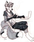  canine chibi-marrow coffee computer headphones laptop male multiple_tails sitting solo wolf 