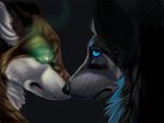  blue_eyes canine chibi-marrow couple feral glowing_eyes green_eyes grey_background male plain_background wolf 