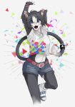  anthro belt black_fur bracelet breasts cat clothing feline female footwear fur hi_res jewelry legwear mammal navel necklace sandals sharp_teeth shirt shorts smile socks solo t-shirt teeth whiskers zuekrz 