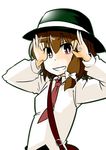  bow brown_eyes brown_hair double_ok_sign grin hair_bow hat ok_sign short_hair smile solo touhou usami_renko wakie 