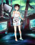  bekkourico binary bird black_hair broken cable character_name cloud crow digital_dissolve dress english expressionless hair_tie head_tilt highres iwakura_lain looking_at_viewer monitor mouth_hold ripples serial_experiments_lain sidelocks skirt strap_slip sundress telephone_pole white_skirt 