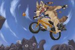  bicycle canine chibi-marrow collar fox male nude open_mouth solo stunt tongue tongue_out 