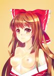  bare_shoulders blush bow breasts brown_eyes brown_hair hair_bow hair_tubes hakurei_reimu long_hair medium_breasts nipples off_shoulder simple_background smile solo tianlluo touhou upper_body 