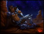  armor bight blue_eyes campfire canine chibi-marrow desert dog lying male ranged_weapon solo star weapon 