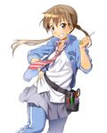  belt belt_pouch brown_eyes brown_hair hand_on_hip hand_up jacket long_hair looking_at_viewer nana_maru_san_batsu necktie onsoku_maru parted_lips pliers pouch red_neckwear sasajima_jinko school_uniform screwdriver smile striped striped_neckwear tool_belt tools track_jacket track_suit 