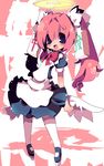  animal_ears apron blue_eyes blush bow chiyu dangomushi grin hair_between_eyes halo long_hair maid mary_janes netrunmon open_mouth pigeon-toed pink_hair ribbon shoes silhouette smile solo tail thighhighs twintails white_legwear 