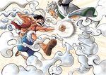  2boys black_hair cigar clenched_hand fight fighting fur_trim jacket magic male male_focus marine monkey_d_luffy multiple_boys muscle one_piece open_clothes open_vest pirate punch punching red_vest rubber sandals smoke smoker smoking steam torn_clothes vest white_hair 