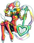  1girl blonde_hair double_bun harp_note heart helmet hibiki_misora instrument knees_together_feet_apart lowres one_eye_closed pantyhose rockman ryuusei_no_rockman salute scarf short_hair solo visor 