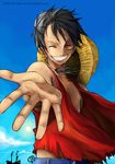  1boy blue_sky cloud hat male male_focus monkey_d_luffy one_piece open_clothes open_vest outdoors pirate red_vest scar ship sky smile solo straw_hat teeth thousand_sunny torn_clothes vest wind 