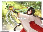  bell black_hair elbow_gloves forest gloves japanese_clothes long_hair miko orange_eyes staff tree twintails wixoss yukime_(wixoss) yuu_(higashi_no_penguin) 