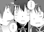  akemi_homura black_hair comic constricted_pupils gogiga_gagagigo greyscale magical_girl mahou_shoujo_madoka_magica miki_sayaka monochrome multiple_girls sakura_kyouko surprised sweat translated 