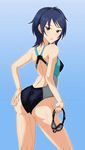  ass black_eyes blue_hair competition_swimsuit from_behind hand_on_ass idolmaster idolmaster_cinderella_girls kawazuishi one-piece_swimsuit short_hair swimsuit wakui_rumi 