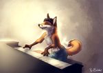  clothed clothing eyes_closed fox gaiasangel half-dressed male mammal musical_instrument piano playing sitting solo topless 