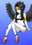  1girl arm_support armband bare_shoulders bikini black_bikini black_hair black_wings blue_background blush bracelet breasts cleavage collarbone duel_monster emblem fabled_grimro feathers feet female fingernails frown full_body green_eyes hands high_heels jewelry leaning legs long_fingernails long_hair long_image looking_at_viewer monster_girl multicolored_eyes nail_polish necklace o-ring_bottom o-ring_top pale_skin pataniito pataryouto pointy_ears red_nails red_sclera ring sandals shoes simple_background sitting solo swimsuit tall_image thighs tiara toenail_polish toes wings yu-gi-oh! yuu-gi-ou_duel_monsters 