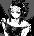  1girl armband bare_shoulders black_dress black_hair black_wings breasts bust cleavage collarbone dress duel_monster emblem fabled_grimro feathers female fingernails frown grey_background hair_ornament hands jewelry long_fingernails long_hair looking_at_viewer monochrome monster_girl pataniito pataryouto pointy_ears shiny shiny_hair simple_background solo strap_pull sweat tiara updo upper_body wings yu-gi-oh! yuu-gi-ou_duel_monsters 