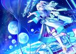  blue_eyes blue_hair flower hair_flower hair_ornament highres long_hair open_mouth original outstretched_arms satellite solo space space_craft star tenmaso thighhighs white_legwear 