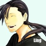  :d ^_^ bak black_hair character_name closed_eyes fullmetal_alchemist ling_yao long_hair male_focus open_mouth ponytail smile solo teeth 