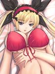  bikini_top blonde_hair breasts cleavage covered_nipples earrings hairband highres huge_breasts jewelry long_hair mistral_nereis parody pointy_ears purple_eyes shining_(series) shining_hearts shining_world solo style_parody twintails underboob yoshimura_kentaro 