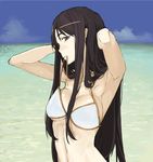  armpits arms_behind_head bikini black_hair breasts brown_eyes cleavage cloud day expressionless horizon large_breasts long_hair mouth_hold mura_(kanojo_no_oukoku) ocean original sky solo swimsuit tying untied untied_bikini very_long_hair water 