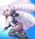  ahoge animal_ears big_hair bodysuit breasts cat_ears dog_days drill_hair fingerless_gloves fusion gloves kyoukaisenjou_no_horizon large_breasts leonmitchelli_galette_des_rois nate_mitotsudaira open_mouth pantyhose quad_tails silver_hair smile solo sword thighhighs ueyama_michirou weapon 