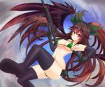  armpits assault_rifle bikini bird_wings black_hair black_wings bow breasts elbow_gloves eotech gloves gun hair_bow long_hair medium_breasts open_mouth ponytail red_eyes reiuji_utsuho rifle solo sumapan swimsuit thighhighs third_eye touhou vertical_foregrip very_long_hair weapon wings 