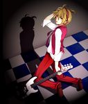  ahoge bad_id bad_pixiv_id bass_guitar blonde_hair checkered checkered_floor from_above from_side headphones highres instrument kagamine_len kneeling looking_at_viewer looking_back male_focus mukkun necktie open_mouth pants precision_bass red_neckwear red_pants shadow shirt solo vest vocaloid white_shirt 