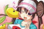  &gt;_o aqua_eyes bellsprout bestiality blush breast_sucking breast_sucking_through_clothes brown_hair cheek_kiss creature double_bun gen_1_pokemon hair_ribbon kiss long_hair mei_(pokemon) nishi_koutarou one_eye_closed open_mouth pokemon pokemon_(creature) pokemon_(game) pokemon_bw2 raglan_sleeves ribbon smile twintails v visor_cap 