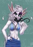  bikini breasts clothed clothing collar dragon dragonstache fangs female green_eyes kyma long_tongue looking_at_viewer markings multiple_ears navel nhala_levee nipples simple_background skimpy solo swimsuit tentacle_tongue tight_clothing tongue tongue_out tummy whiskers young 