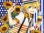  aqua_eyes blonde_hair buzz flower food hat ice_cream kagamine_len looking_at_viewer male_focus open_mouth smile solo sunflower vocaloid 