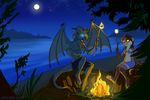  anthro anyare anyare_(character) campfire couple dragon feline female forest glowing glowing_eyes larkstarr lion male mammal marshmallow moon night river smile surprise topless tree wings wood 