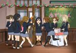  akiyama_mio cake chalkboard food happy_birthday hirasawa_ui hirasawa_yui indoors k-on! kotobuki_tsumugi manabe_nodoka multiple_girls nakano_azusa pantyhose party_popper sakuragaoka_high_school_uniform school_uniform suzuki_jun tainaka_ritsu wainscoting watanore wooden_floor yamanaka_sawako 