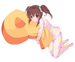  barefoot blush brown_eyes brown_hair full_body hair_ornament idolmaster idolmaster_cinderella_girls ogata_chieri pajamas pillow pillow_hug plus9 simple_background smile solo star star_print twintails white_background 