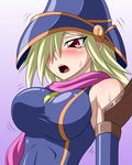  1girl bare_shoulders blonde_hair blue_gloves blush body_blush breasts bust duel_monster elbow_gloves embarrassed face female gagaga_girl gloves hair_over_one_eye hat long_hair long_image looking_at_viewer motion_lines open_mouth pataniito pataryouto pink_scarf red_eyes scarf shiny shiny_clothes shiny_hair shiny_skin skin_tight solo sweat tall_image tears upper_body witch witch_hat yu-gi-oh! yuu-gi-ou_duel_monsters yuu-gi-ou_zexal 